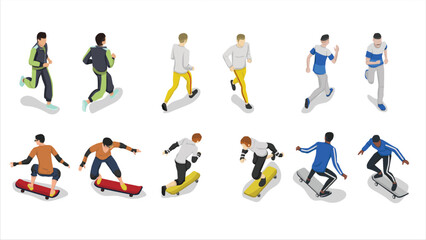 isometric set of man people running and skateboarding pose activity