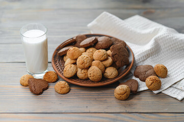 Yummy homemade freshly baked cookies with chocolate chips served with glass of milk on table