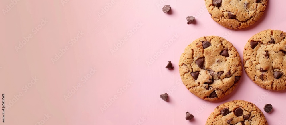 Sticker Cookies with chocolate chips Isolated on pastel background. Copy space image. Place for adding text and design