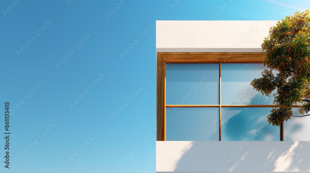 Poster minimalist modern architecture window with tree branch and blue sky - abstract design element.