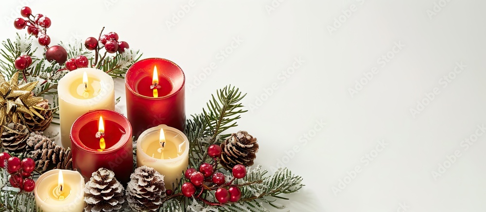 Aufkleber christmas decoration with candles on white background. copy space image. place for adding text and d
