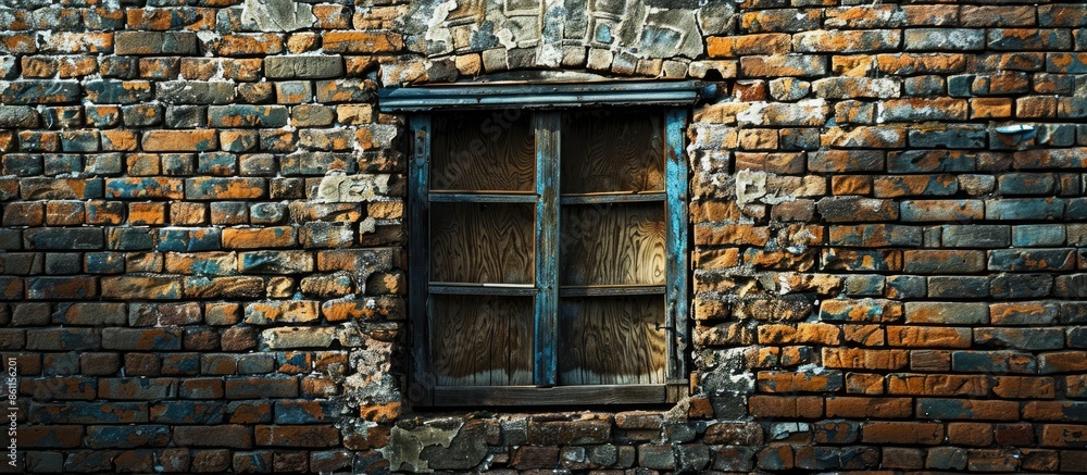 Poster a photograph of a window on an old brick wall. copy space image. place for adding text and design