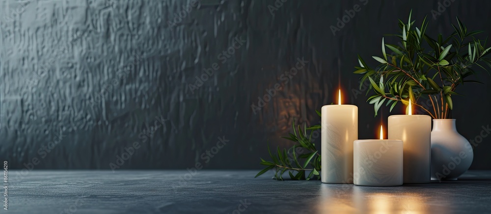 Poster artificial candles in the table. copy space image. place for adding text and design