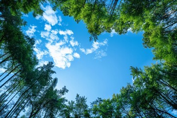 Fototapeta premium image of tall trees forming heart shape against blue sky. Sustainability concept.
