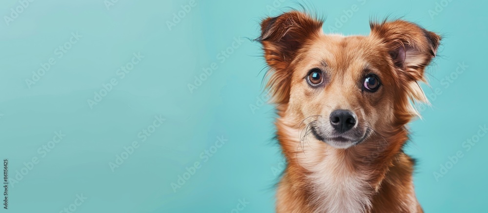 Poster portrait of an adorable mixed breed dog isolated on pastel background. copy space image. place for a