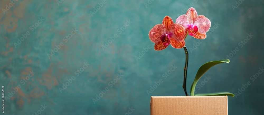 Poster orchid flower stands on a cardboard box. copy space image. place for adding text and design