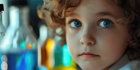 Curious smart child looking at camera while attend in science class with chemical tube. Close up portrait of young elementary student staring at camera while doing experiment at lab. Learning. AIG42.