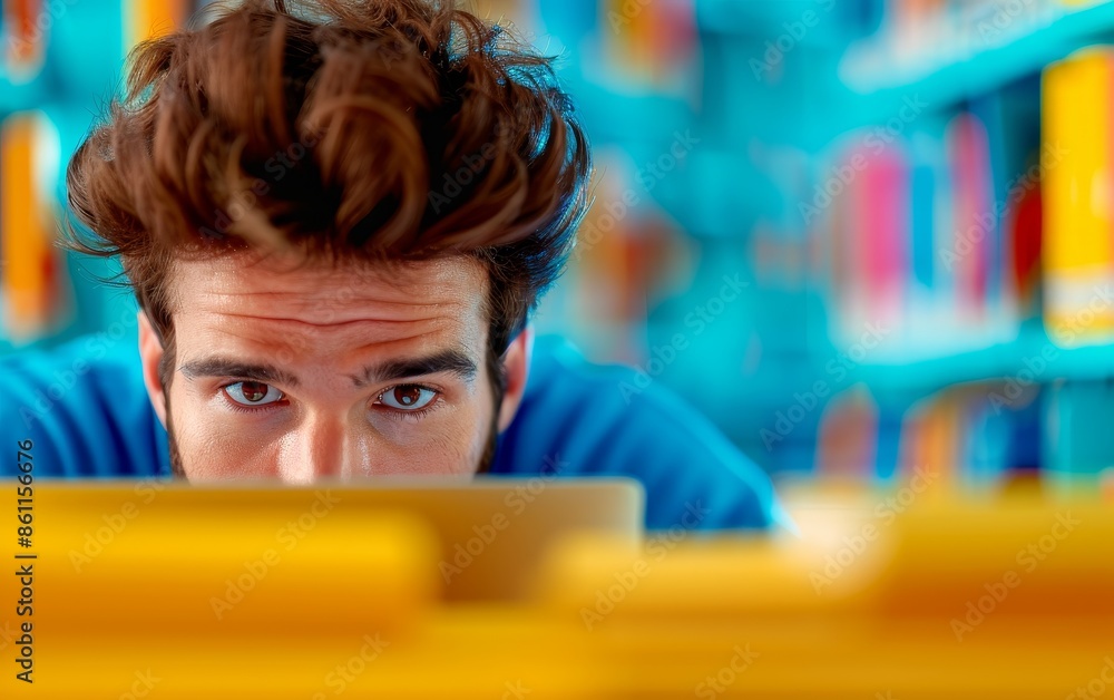 Poster concentrated student studying in library with bookshelf in blurred background.