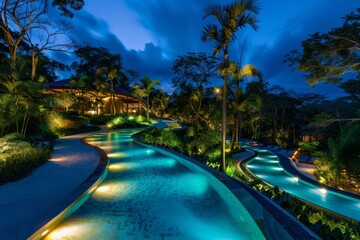 Serene Nighttime Pool with Winding Pathways