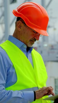 Vertical shot Sea industry port ship safety. Senior taskmaster in helmet checks drawings on tablet and looks at large repairing vessel in dock closeup