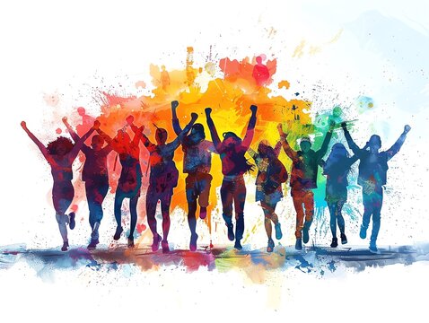 Silhouettes of people raising their hands in celebration against a colorful sunset sky.