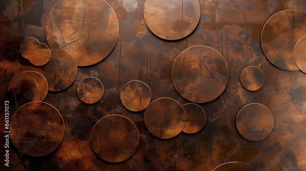 Poster a close up of a brown surface with many circles on it. the circles are ofa different sizes and are a