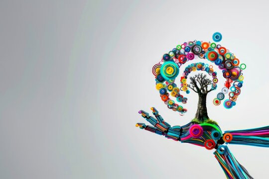image of transformation process from tree to robotic arm. Technology and sustainability concept.Digital generated image of multi coloured discs making circular pattern against grey background. - Powered by Adobe