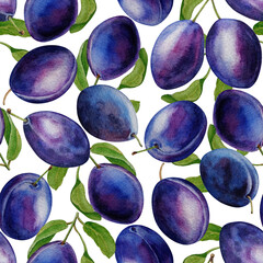 Seamless pattern of plums and leaves, white background, watercolor illustration, for card, invitation, design, backgrounds, cosmetics, wrapping paper, scrapbooking