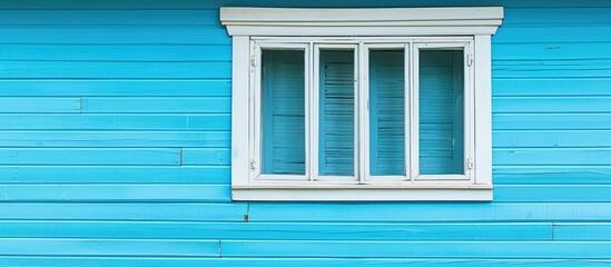 Fototapeta premium Blue wooden house wall With a white wooden border. Copy space image. Place for adding text and design