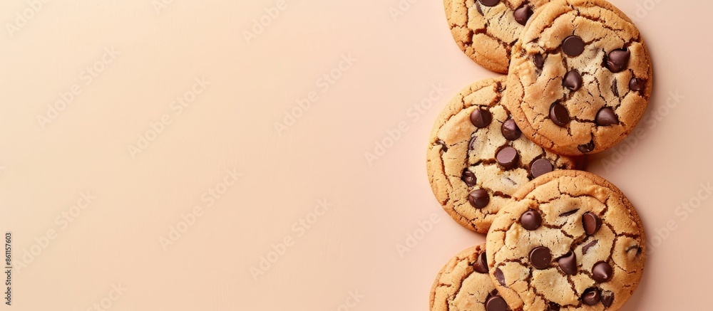 Poster the scrumptious traditional almond choccolate chip cookies pastel background. copy space image. plac