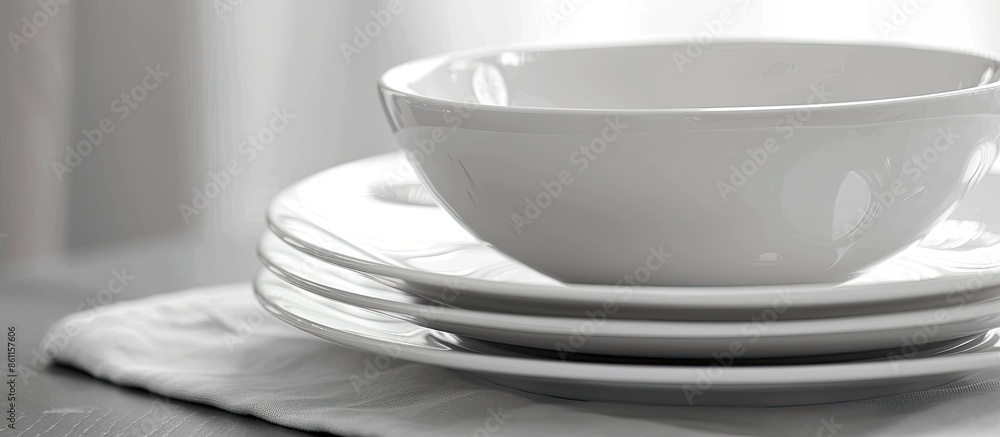 Poster closeup of porcelain plates and bowls. copy space image. place for adding text and design