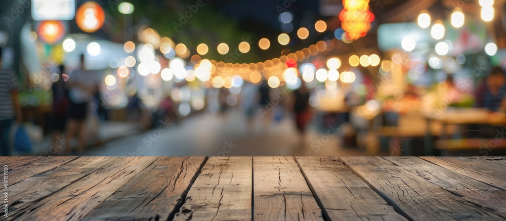 Aufkleber empty wood table top and blur of night market background/selective focus .for montage product displa