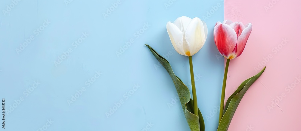 Poster two beautiful tulip a different color pastel background. copy space image. place for adding text and