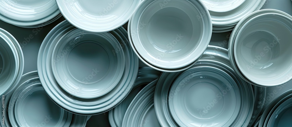 Poster closeup of porcelain plates and bowls. copy space image. place for adding text and design