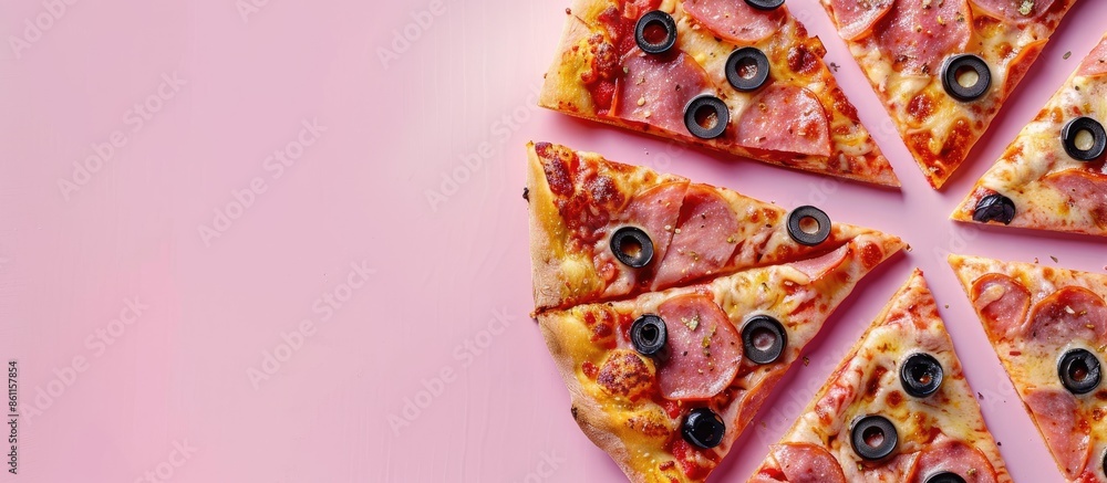 Poster sliced pizza with olives isolated on pastel background. copy space image. place for adding text and 