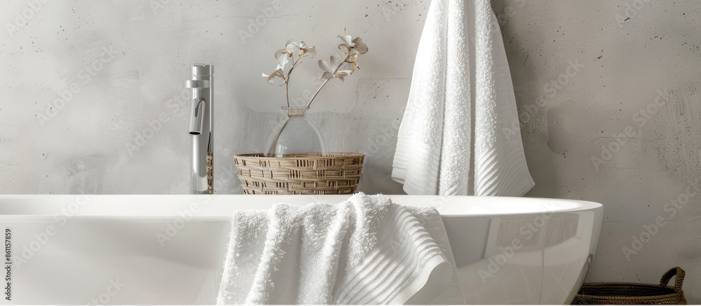 Poster towel hanging over a bathtub. copy space image. place for adding text and design