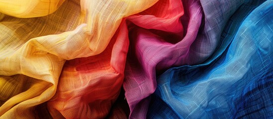 fabric color palette, rainbow colors for clothes, multi-colored cotton and linen fabric texture. Copy space image. Place for adding text and design
