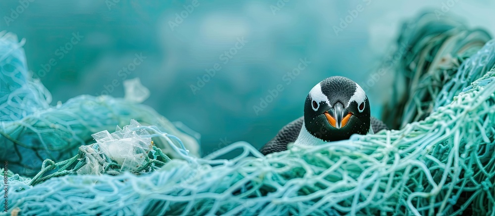 Poster marine plastic pollution and nature conservation concept - penguin trapped in plastic net. copy spac