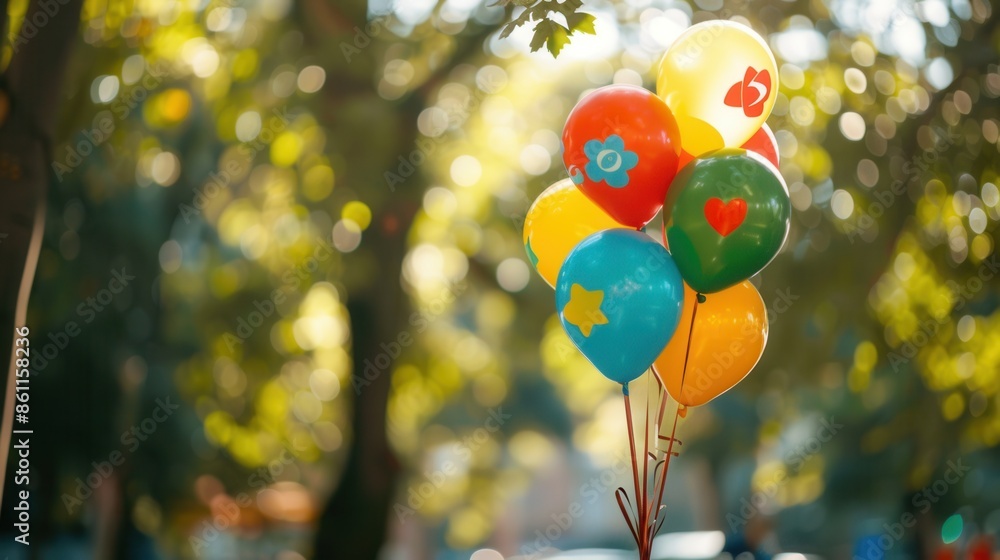 Poster a group of colorful balloons with graduation messages and symbols floats in a blurred green backgrou