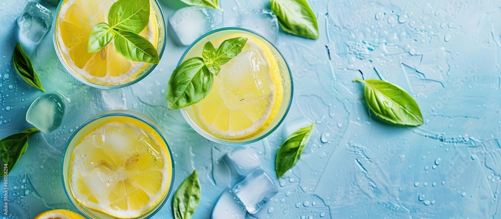Poster cold summer lemonade with basil and lemon in a glass on a light blue slate, stone or concrete backgr