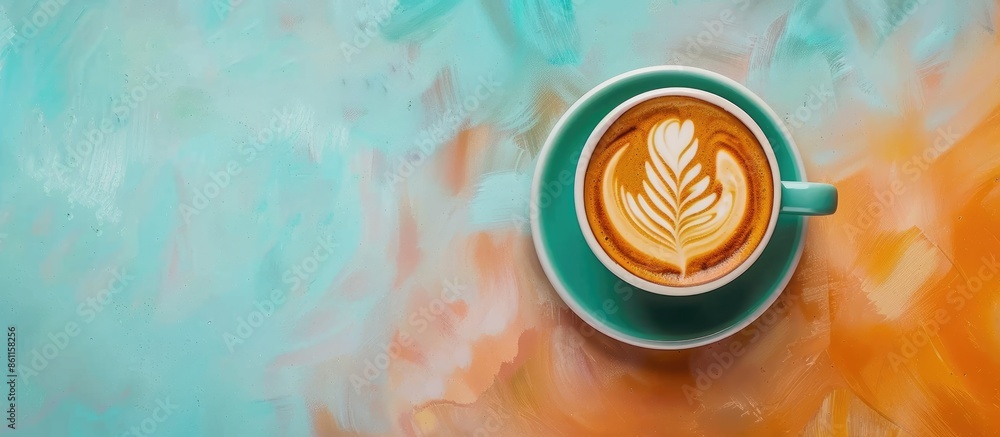 Aufkleber latte art on the wooden table ,top view of a cup of coffee pastel background. copy space image. plac