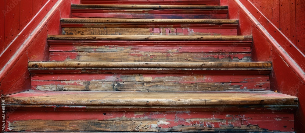 Poster wooden stairs of house with red handrail in the center . copy space image. place for adding text and