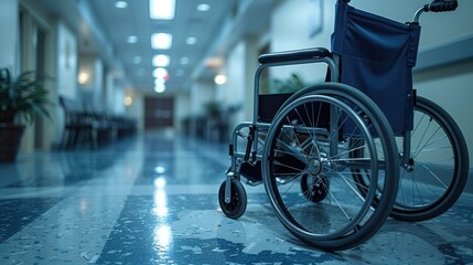 Obraz premium Close up of a wheelchair in a hospital hallway on blurred background