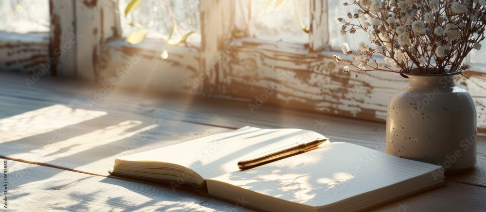 Poster empty notebook sheets and pen on a table with sunlight shadows, minimalist lifestyle writer home wor