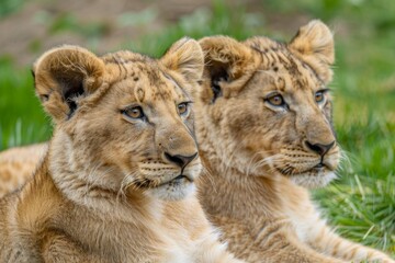 Obraz premium juvenile lion cubs look to the right at something off camera. Both are lying down on their side with head up. Front view of face and side view of bodies. Grass in the background
