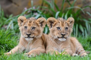 juvenile lion cubs look to the right at something off camera. Both are lying down on their side with head up. Front view of face and side view of bodies. Grass in the background