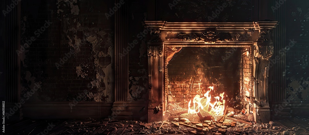 Poster fire in a fireplace. Copy space image. Place for adding text and design