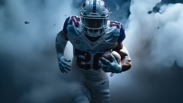 An American football player, wearing a helmet and a full uniform, charges powerfully through dense, dramatic mist on the field. Captures the intensity and focus of the sport. 4k video footage