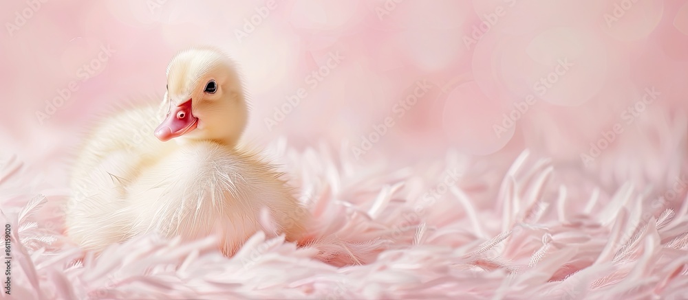 Poster a little and very white duck with a pastel background. copy space image. place for adding text and d