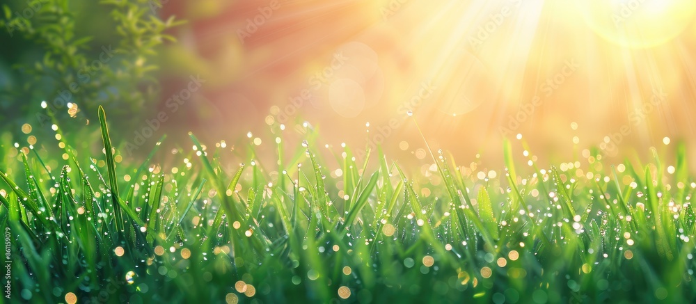 Poster fresh morning dew on a spring grass in early morning. sunny day concept. natural background. copy sp