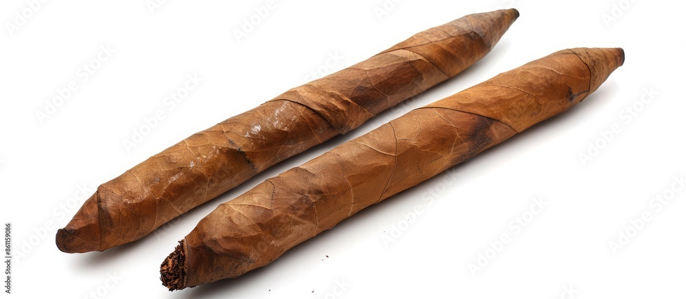 Poster pair of handmade cigars tobacco torpedo shape isolated on white. copy space image. place for adding 