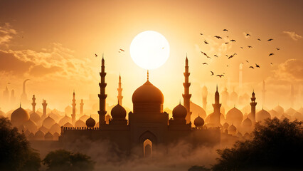 Elegant islamic background featuring a misty silhouette of a mosque with a crescent moon, perfect for ramadan, eid mubarak, and eid aladha observances, symbolizing the feast of sacrifice
