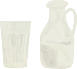 Vector Watercolor farm illustration, carafe with milk, glass. Invitation, greeting cards, birthday, event, holiday, menu; cooking class; Master Class