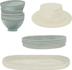 Vector Watercolor illustration,  ceramic white, blue plate, bowl, clipart. Invitation, greeting cards, birthday, event, holiday, menu; cooking class; Master Class