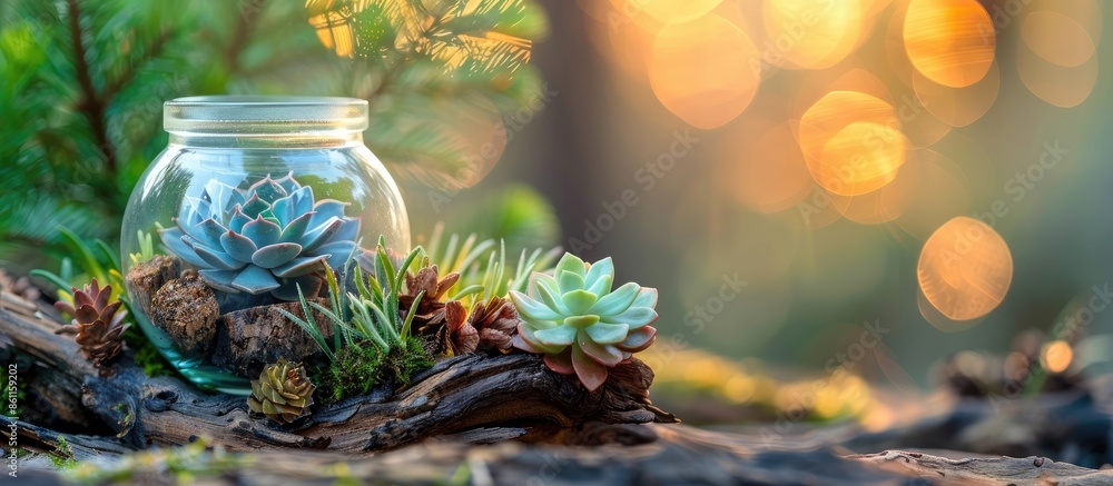 Poster mini succulent garden in glass terrarium with wood log and fir cones. copy space image. place for ad