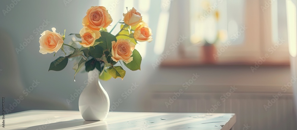Aufkleber vase with beautiful yellow roses on table in interior of room. copy space image. place for adding te