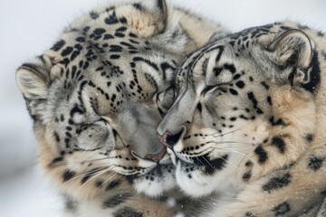 Male and female snow leopard sharing tender moment.