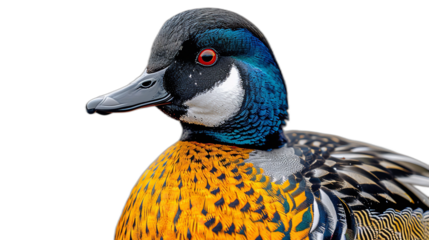 A close-up portrait of a male blue-winged teal duck, showcasing its distinctive blue wings and orange body on a transparent background