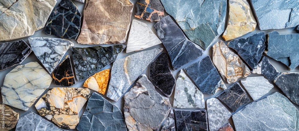 Poster background wallpaper mixed of several natural stones or marble in different geometries. copy space i