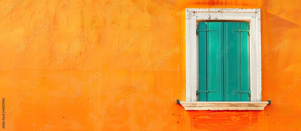 Poster green window with white frame on orange wall in vintage style. copy space image. place for adding te